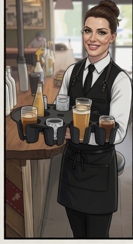 Server with a fully loaded ArmCaddy at the bar